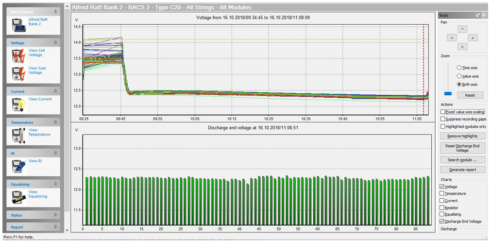 BACS View software stores battery voltage, impedance, temperature and discharge logs