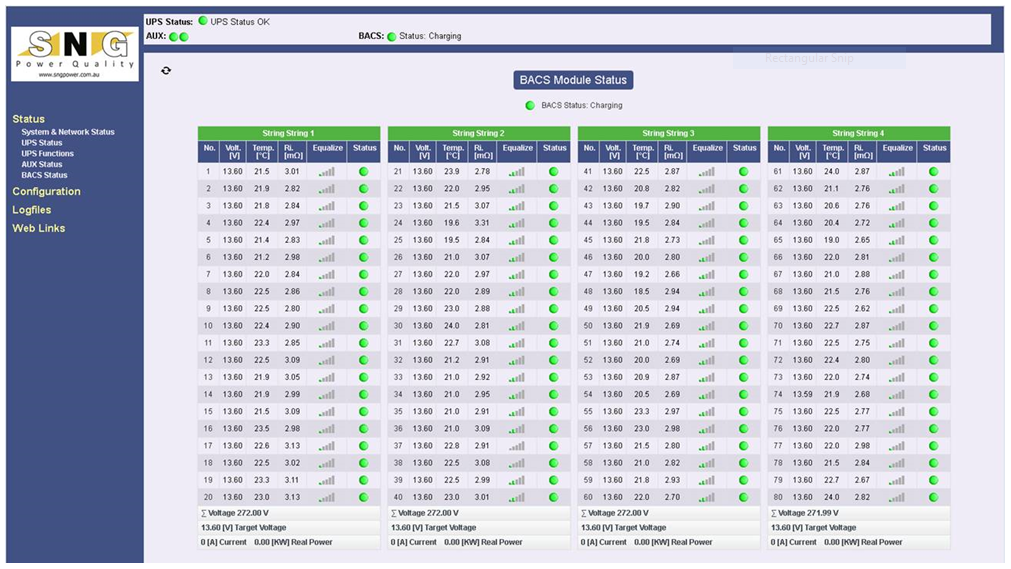 BACS System status featuring battery string and number, voltage, temperature, impedance and equalisation